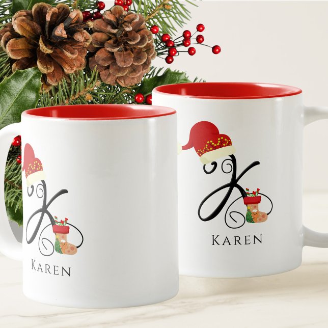 Tasse 2 Couleurs Nom Monogramme Écriture Moderne Lettre K Noël (Créateur téléchargé)