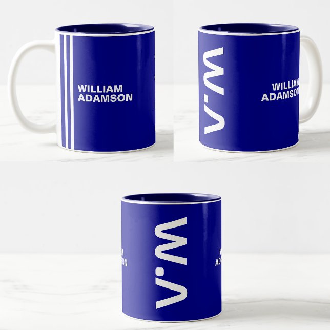 Tasse 2 Couleurs Nom Monogrammé Pour Lui | Bleu bleu marine (Navy Blue Coffee Mugs)