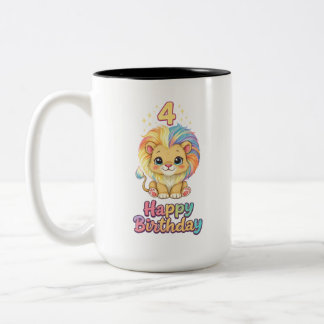 Tasse 2 Couleurs Nom personnalisé 4e anniversaire Lion mignon 