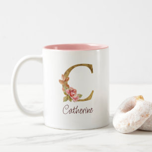 Tasse 2 Couleurs Nom personnalisé Blush Rose Fleur Lettre C Or Feui