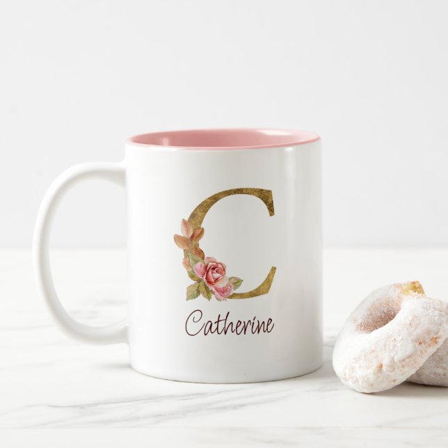Tasse 2 Couleurs Nom personnalisé Blush Roses Rose lettre C feuille (Avec donut)