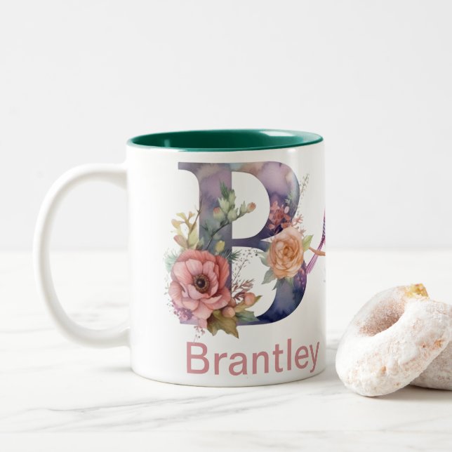 Tasse 2 Couleurs Nom personnalisé Lettre B Monogramme Oiseau floral (Avec donut)