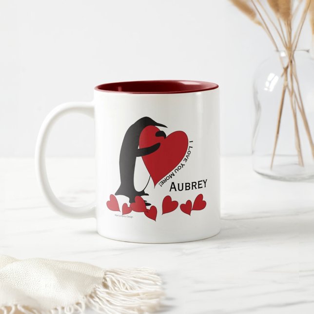 Tasse 2 Couleurs Nom personnalisé mignon manigant pingouin et coeur (Créateur téléchargé)