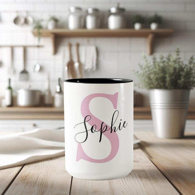 Tasse 2 Couleurs Nom personnalisé moderne Monogramme rose (Créateur téléchargé)
