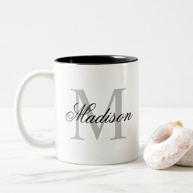 Tasse 2 Couleurs Nom personnalisé Monogramme noir (Avec donut)