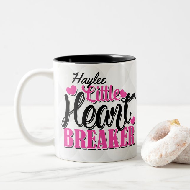 Tasse 2 Couleurs Nom personnalisé Pink Little Heart Breaker (Avec donut)