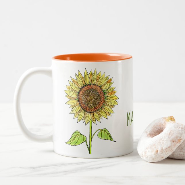 Tasse 2 Couleurs Nom personnalisé rustique Aquarelle Tournesol (Avec donut)