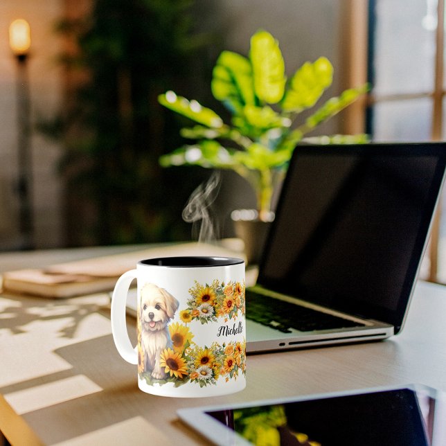 Tasse 2 Couleurs nom personnalisé script fleurs joli chiot chien de (Créateur téléchargé)