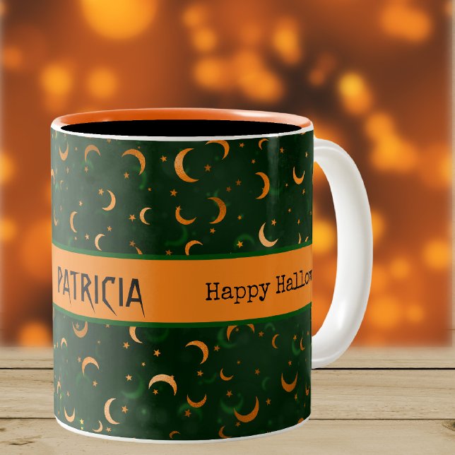 Tasse 2 Couleurs Nom sur Halloween Bokeh Moons & Stars 11oz (Créateur téléchargé)