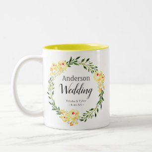 Tasse 2 Couleurs Noms et date Mariage de fleurs d'aquarelle jaune