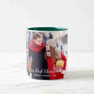 Tasse 2 Couleurs Notre première photo en couple de Noël Vert blanc