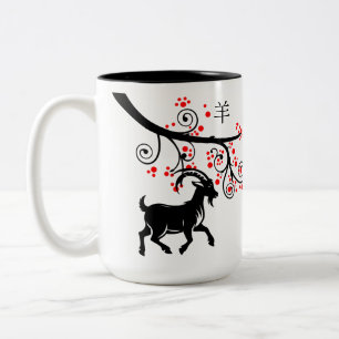Tasse 2 Couleurs Nouvel An Chinois Chèvre et Fleurs Rouges