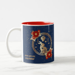 Tasse 2 Couleurs Nouvel An chinois de lapin 2023 Floral d'or bleu