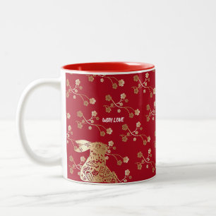 Tasse 2 Couleurs Nouvel An chinois de lapin 2023 Rouge or Floral