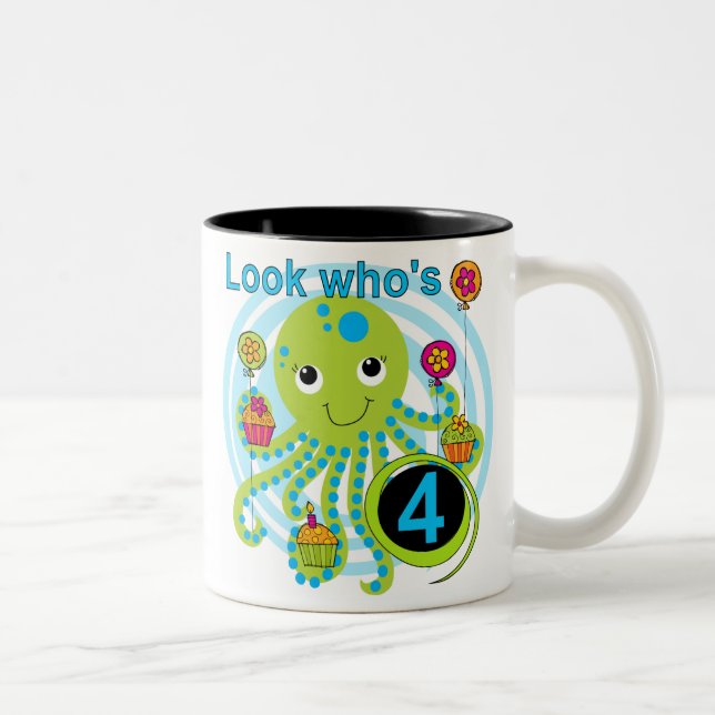 Tasse 2 Couleurs Octopus 4e anniversaire T-shirts et cadeaux (Droit)