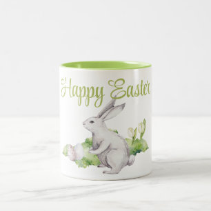 Tasse 2 Couleurs Œufs de Pâques & Lapin Blanc Aquarelle Joyeuses Pâ