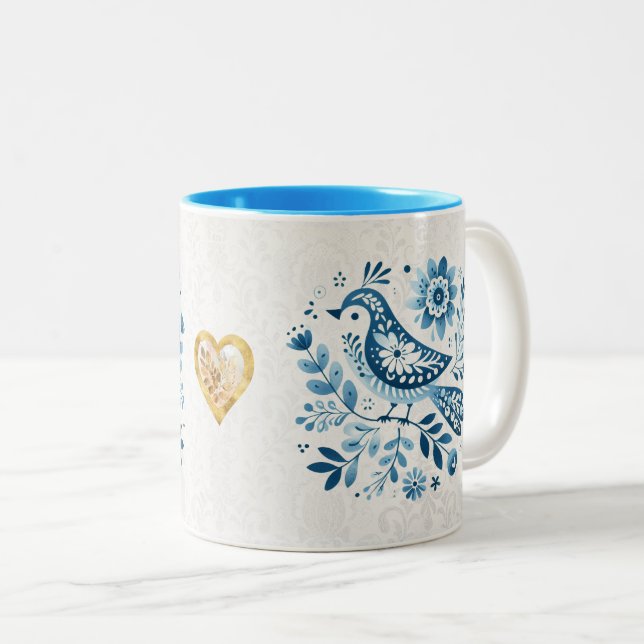 Tasse 2 Couleurs Oiseau folk scandinave bleu (Devant droit)