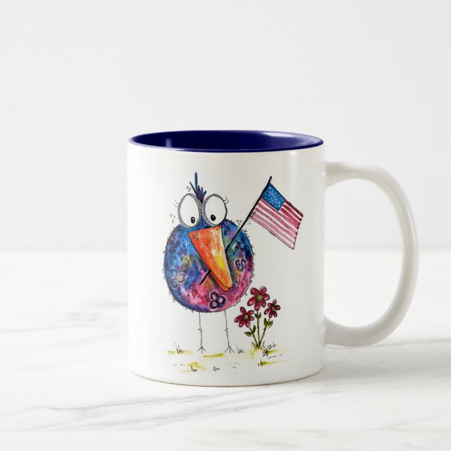 Tasse 2 Couleurs Oiseau patriotique blanc mignon avec drapeau (Droit)
