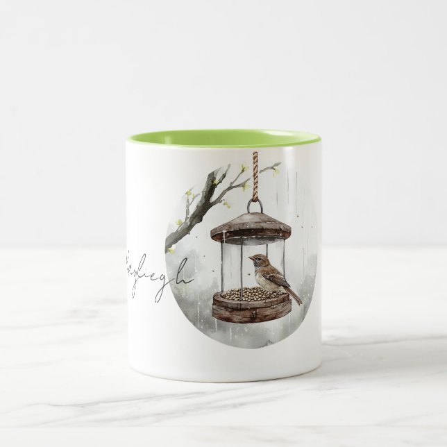 Tasse 2 Couleurs Oiseau printanier dans la mangeoire (Centre)