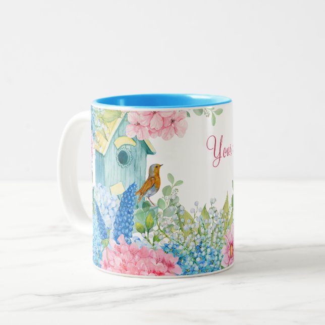 Tasse 2 Couleurs Oiseau rose bleu (Devant gauche)