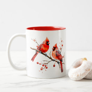 Tasse 2 Couleurs Oiseaux cardinaux rouges sur la branche de l'Holly