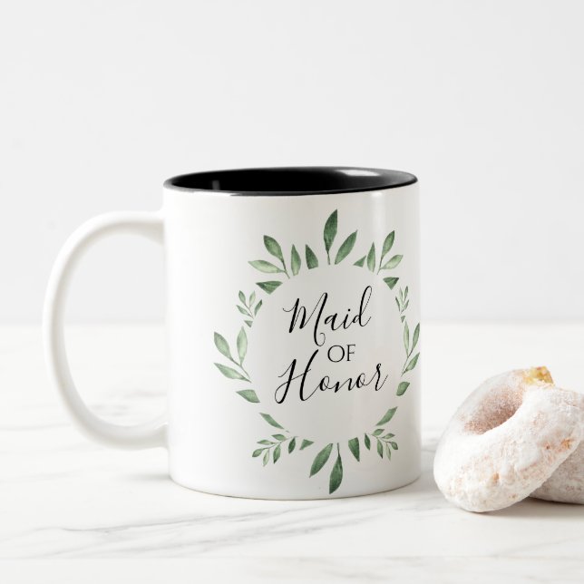 Tasse 2 Couleurs Olive Greenery Aquarelle botanique Maid of Honor (Avec donut)
