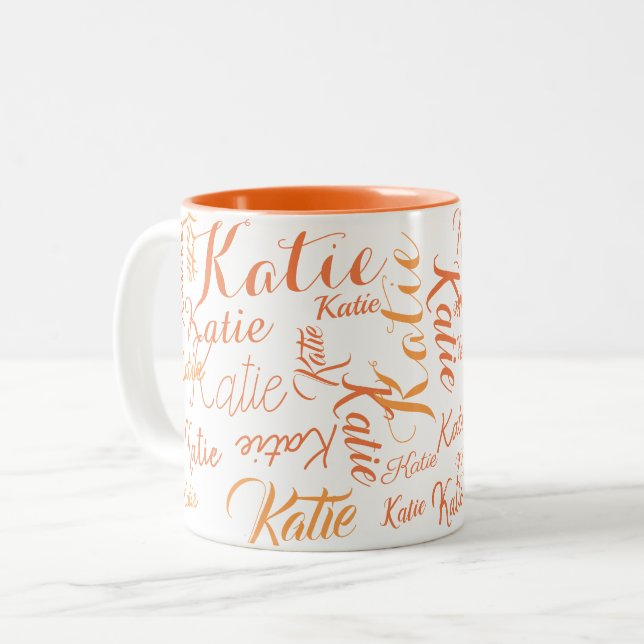 Tasse 2 Couleurs orange moderne sur des noms manuscrits blancs (Devant gauche)