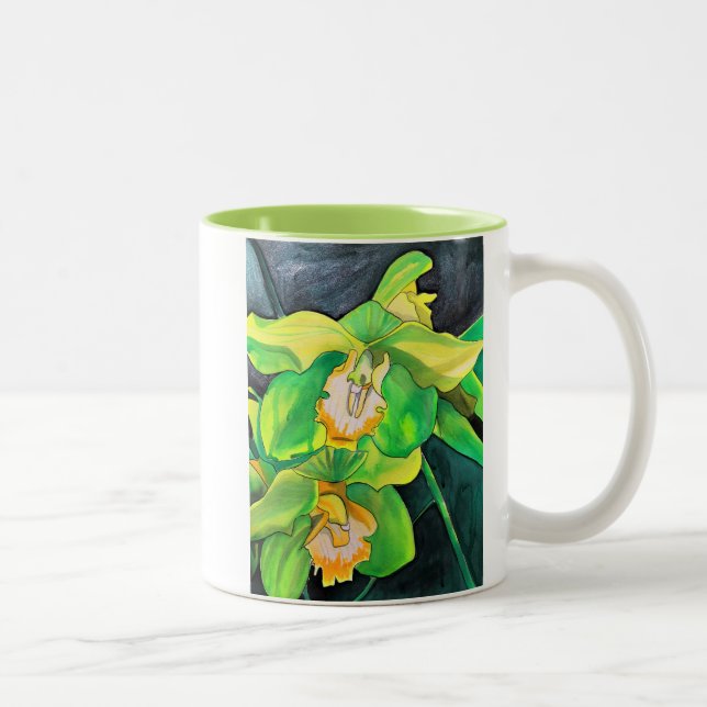 Tasse 2 Couleurs Orchidée fleurs vert et jaune art (Droit)