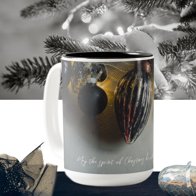 Tasse 2 Couleurs Ornements de Noël noir gris rétro (Créateur téléchargé)