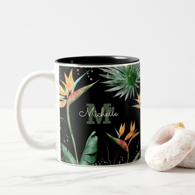 Tasse 2 Couleurs Palme de feuillage tropical Monogramme Or Noir (Avec donut)