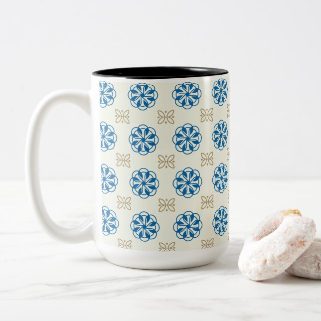 Tasse 2 Couleurs Papillon doré et floral bleu de cobalt (Avec donut)