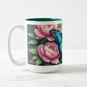 Tasse 2 Couleurs Papillon Morpho Bleu Personnalisé Fleurs Monogramm