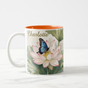 Tasse 2 Couleurs Papillon Swallowtail Bleu avec nom de fleur de lot