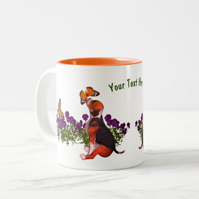 Tasse 2 Couleurs Papillons beagles Pansies mignonnes Personnalisées (Devant gauche)