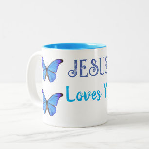 Tasse 2 Couleurs Papillons bleus Jésus vous aime