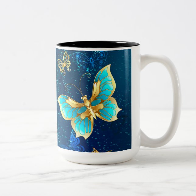 Tasse 2 Couleurs Papillons d'or sur un Arrière - plan bleu (Droit)