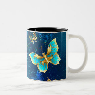 Tasse 2 Couleurs Papillons dorés sur fond bleu