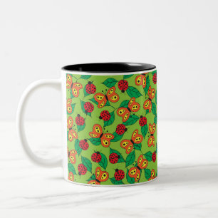 Tasse 2 Couleurs Papillons et coccinelles sur des feuilles vertes