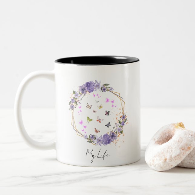 Tasse 2 Couleurs Papillons floraux à fleurs pourpres Motifs Ma vie (Avec donut)
