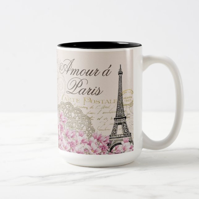 TASSE 2 COULEURS PARIS, VISITE D'EIFFEL, VIN FRANÇAIS, CAMMEMBERT (Droit)