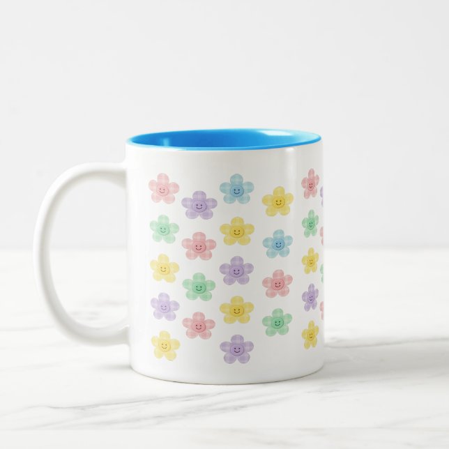 Tasse 2 Couleurs Pastel Smiley Flower Pattern – Cute Gingham  (Gauche)