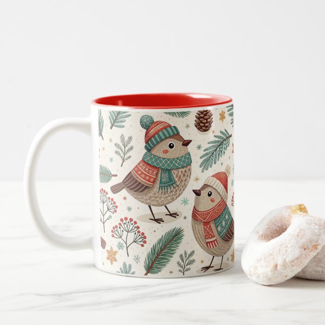 Tasse 2 Couleurs Pattern Scandinavian Christmas Birds (Avec donut)