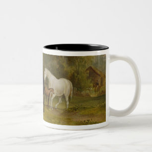 Tasse 2 Couleurs Pâturage de chevaux : Juments et poulains dans un