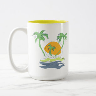 Tasse 2 Couleurs Paysage de plage d'île tropicale. Contour d'arbre