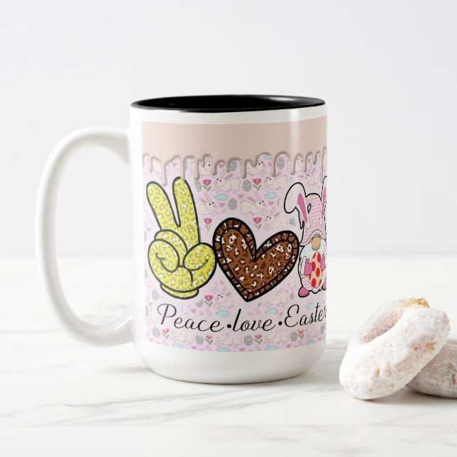 Tasse 2 Couleurs Peace Love Gnome de Pâques (Avec donut)