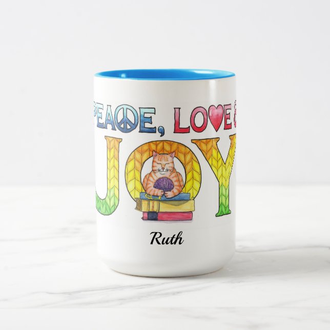 Tasse 2 Couleurs Peace Love Joy Tricot Kitty Personnalisé (Centre)