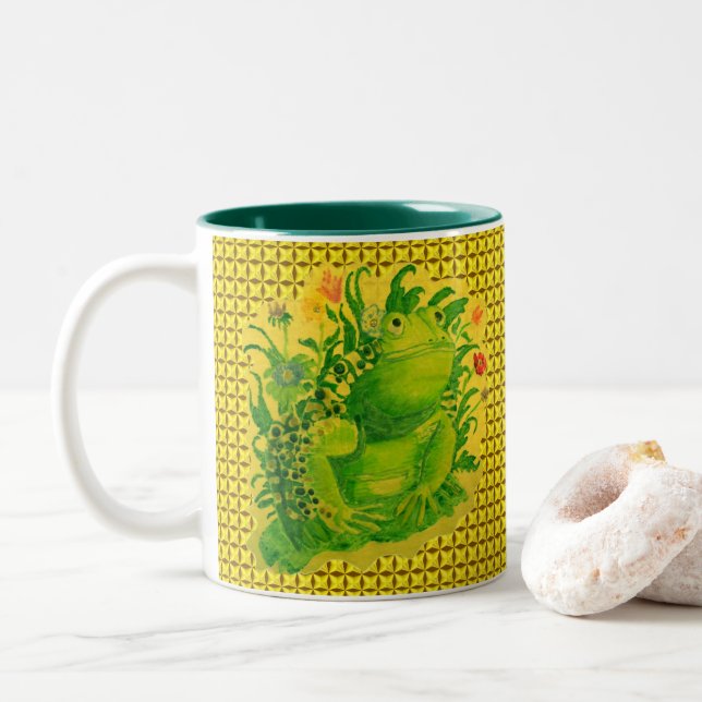 Tasse 2 Couleurs Peinture artisanale de grenouille verte (Avec donut)