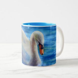 Tasse 2 Couleurs Peinture d'aquarelle de cygne blanc, sauvagine, oi