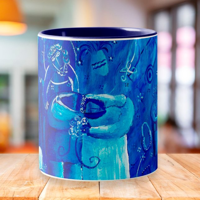 Tasse 2 Couleurs Peinture d'Art Contemporain Mariage Bleu (Créateur téléchargé)