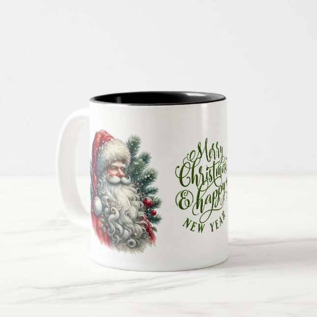 Tasse 2 Couleurs Père Noël affronte Joyeux Noël et Bonne Année (Devant gauche)